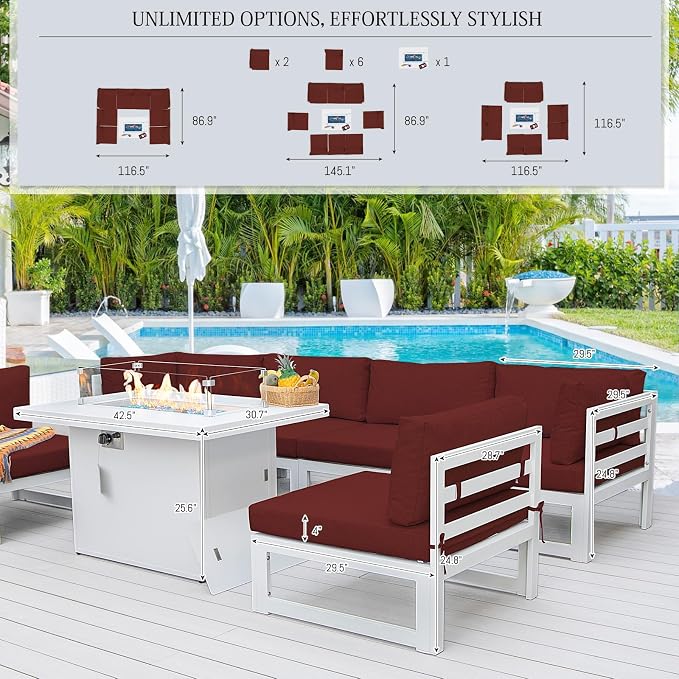 BULEXYARD 8 People Large Luxury Aluminum Patio Conversation Set with Fire Pit Table Propane/Gas, 29" Deep Wide U Shaped Sectional Couch, 500 lbs Heavy Duty All Weather Outdoor Sofa for Front Yard, Red