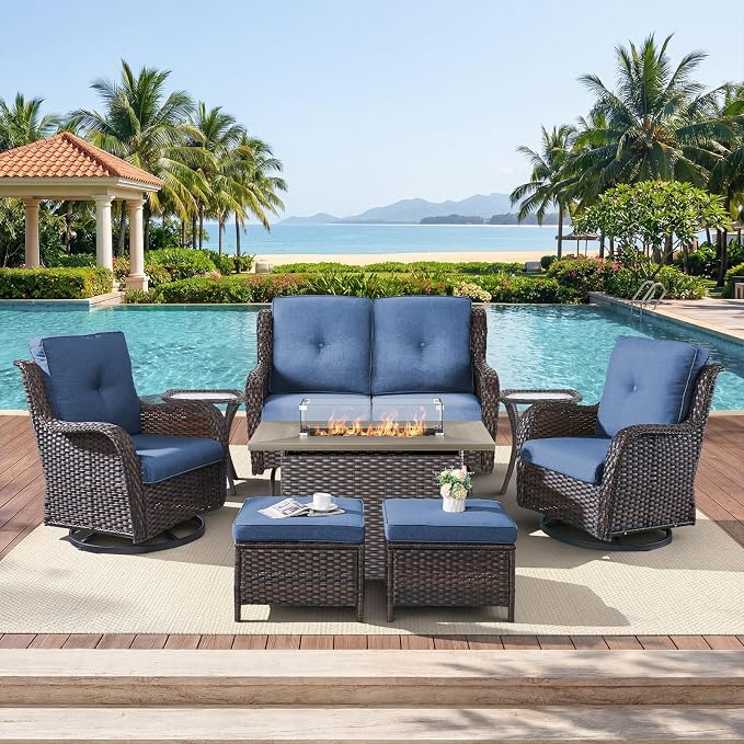 Belord Patio Furniture Set with Fire Pit Table,8 Piece Wicker Outdoor Furniture Set, Swivel Rocker Chairs with Ottomans and Loveseat, All Weather Patio Conversation Set, Pool,Yard, Brown Wicker/Blue