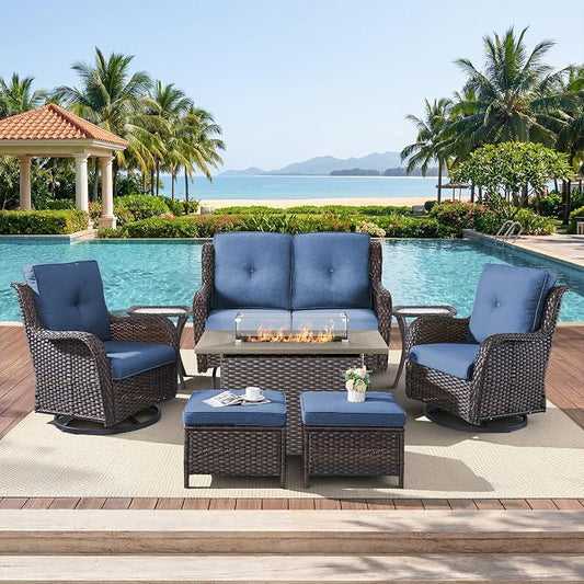 Belord Patio Furniture Set with Fire Pit Table,8 Piece Wicker Outdoor Furniture Set, Swivel Rocker Chairs with Ottomans and Loveseat, All Weather Patio Conversation Set, Pool,Yard, Brown Wicker/Blue