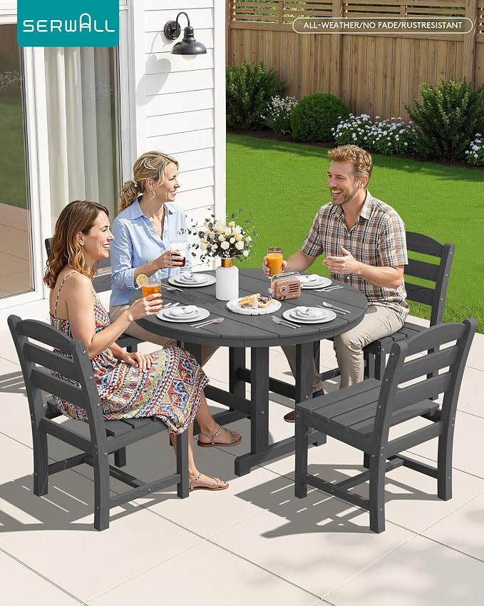 SERWALL 6-Piece Patio Dining Sets, HDPE Outdoor Table and Chairs Furniture Set with Umbrella, 45" Round Dining Table & 4 Armless Dining Chairs & 1 9FT Umbrella, Gray(Not Include Umbrella Base)