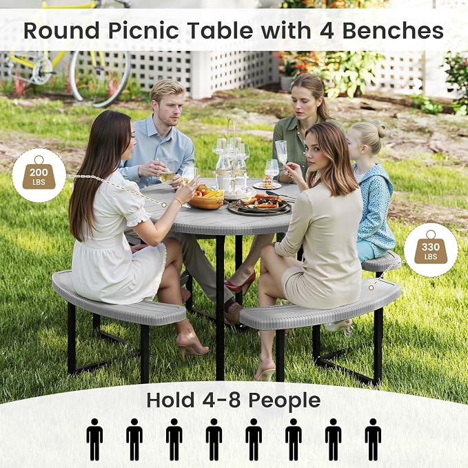 Tangkula 8 Person Picnic Table, HDPE Outdoor Round Table and Bench Set with 4 Built-in Benches, Umbrella Hole, Metal Frame for Garden Yard Patio Lawn