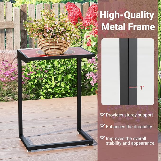 Tangkula C-Shaped Outdoor Side Table, w/Ceramic Top & Anti-Rust Metal Frame, Small Patio End Table for Couch, Sofa & Bed, Outdoor & Indoor Accent Furniture for Living Room, Poolside, Balcony (2, Red)