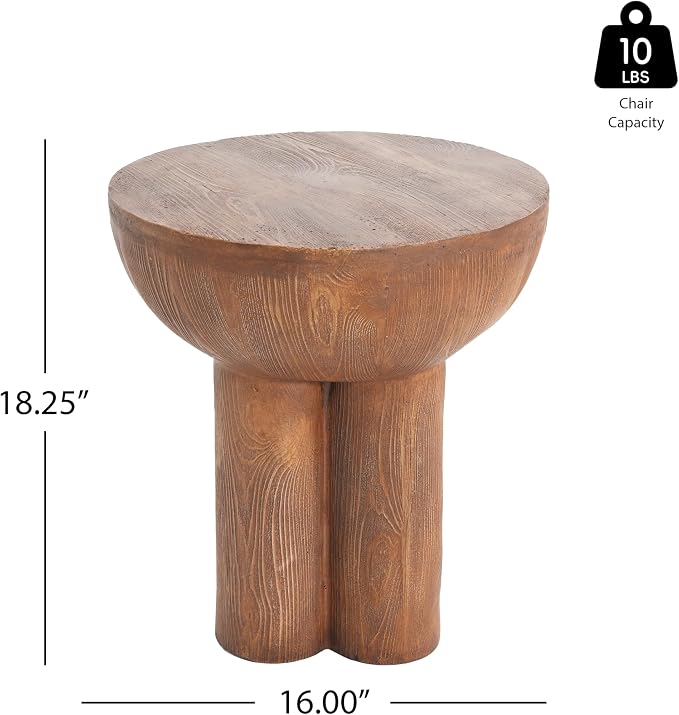 Christopher Knight Home Nataly 18.25" H Small Outdoor Side Table, Mushroom-Like Carved Garden Stool, Lightweight Concrete End Table, Patio Decorative Home Stool for Balcony Poolside Backyard, Brown