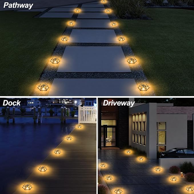 Solar Dock Lights Driveway Deck Lights - 16 Packs Waterproof Outdoor LED Aluminum Dock Lighting Warning Step Light for Driveway Sidewalk Garden Pathway Yard (Warm White,Gray Shell)