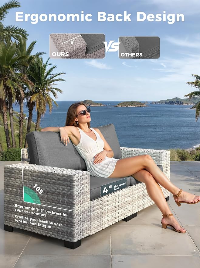 9 Piece Outdoor Patio Furniture Set with Swivel Chairs, 7-Seats Wicker Sectional Sofa Set with Thickened Cushions & Coffee Table for Garden, Backyard, Porch, Charcoal Gray