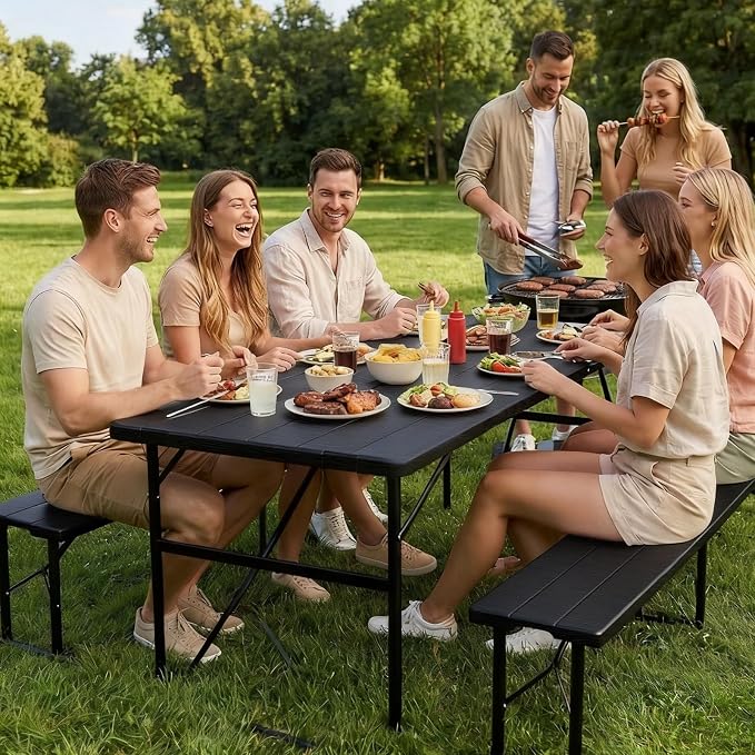 Picnic Table Set with 2 Benches, 5.8FT Portable Folding Picnic Table for Indoor Outdoor, Camping Patio Dining, Heavy Duty Metal Frame, Compact Carry for Backyard, Black