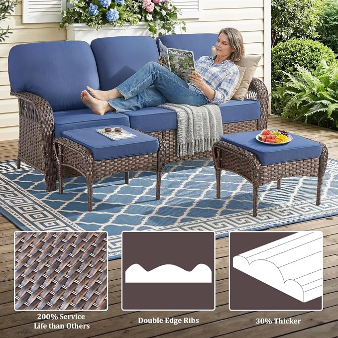 5 PCS Patio Furniture Set Outdoor Sectional Sofa Couch with Rocking Swivel Chairs 5" Deep Seat Chairs, Modern Wicker Rattan Conversation Set, Blue/Brown Wicker
