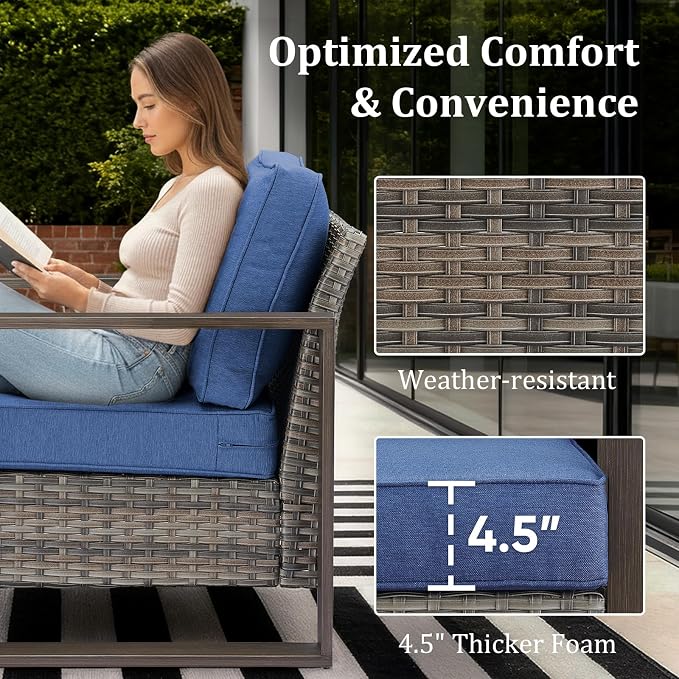Patio Furniture Set with Fire Pit Table, 6-Piece Outdoor Wicker Sofa and Swivel Chairs, All-Weather Conversation Set for Backyard, Deck and Poolside, Grey/Blue