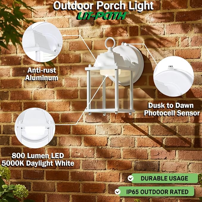 Outdoor Wall Light Fixture Dusk to Dawn, Rustproof Aluminum, LED | Exterior Porch Light Wall Sconce Lantern for House, Patio, Garage, Waterproof, Glass, 9.5W 800 Lumen, 5000K, White, 2 Pack