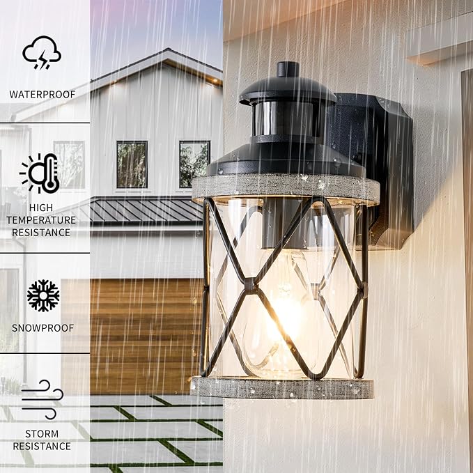 Dusk to Dawn Motion Sensor Outdoor Porch Light with GFCI Outlet,3 Lighting Modes Anti-Rust Waterproof Industrial Outdoor Lantern,Exterior Work lights Rustic Wood-Like Finish Wall Light (White, 1 Pack)
