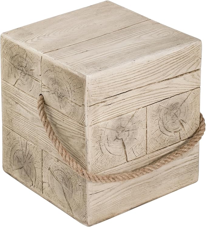 Outdoor Side Table, Small Patio End Table with Faux Wood Grain & Braided Rope Accent, MGO Weatherproof Indoor Outdoor Accent Table for Porch Balcony Garden, No Assembly, 14.8 Inch Square