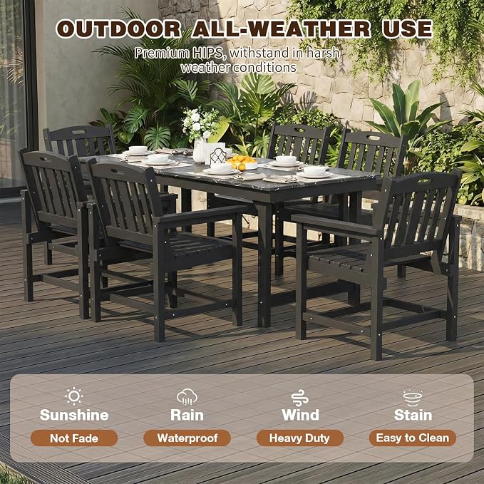 7-Piece HIPS Patio Dining Set, 66.9" W Marble Texture Outdoor Table with Umbrella Hole & 440LBS Capacity & Galvanized Steel Frame, 6 Chairs | 19.7" W, Dining Table Furniture Set for 6, Black