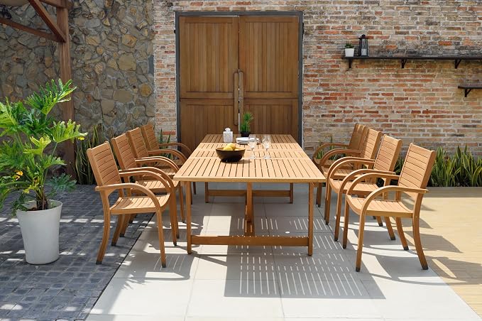 Amazonia Berlin 9-Piece Rectangular Extendable Patio Dining Set | Teak Finish | Ideal for Outdoors and Indoors