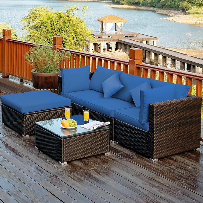 Tangkula 5 Pieces Patio Rattan Furniture Set, Outdoor Sectional Rattan Sofa Set with Back & Seat Cushions, Wicker Conversation Set with Tempered Glass Table for Backyard Porch Garden Poolside (Navy)