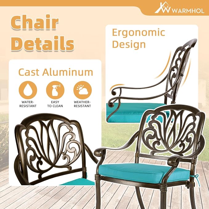 9-Piece Patio Furniture Dining Set, All Weather Cast Aluminum Outdoor Conversation Set- 61" Round Patio Dining Table with Detachable Lazy Susan, 8 Cushioned Chairs, Umbrella Hole, Ocean Blue