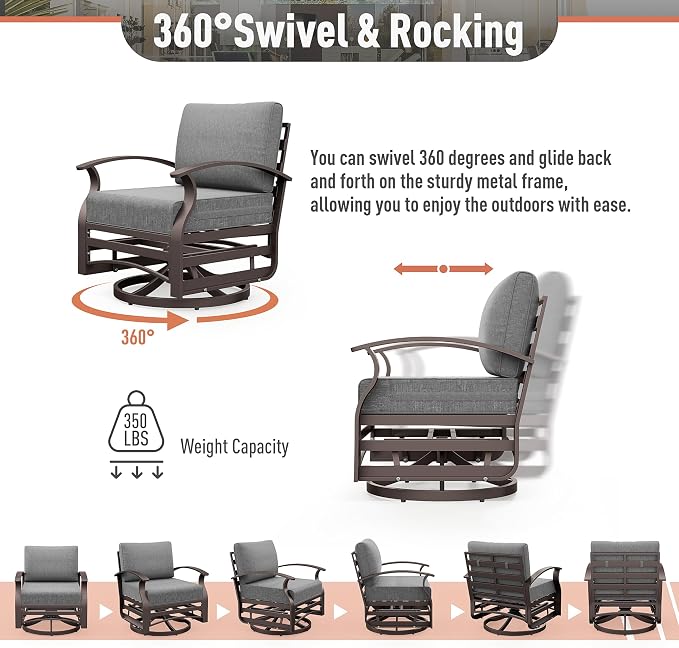 Kurapika Aluminum Patio Furniture Set 10-Seat Modern Metal Outdoor Conversation Sets w/45in Propane Fire Pit Table, Swivel Rocking Chairs Patio Sectional Sofa w/5.1 Inch Cushion, Grey