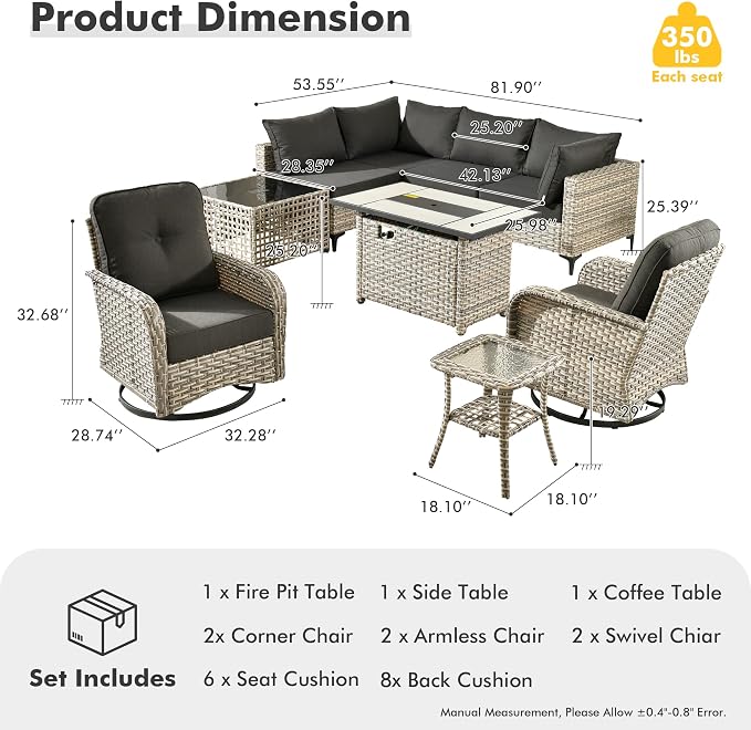 Outdoor Sectional Patio Furniture Set,9 Pieces All Weather Rattan Wicker Conversation Sets with Fire Pit,Out Door Furniture with Swivel Chairs Glowing Coffee Table,Black