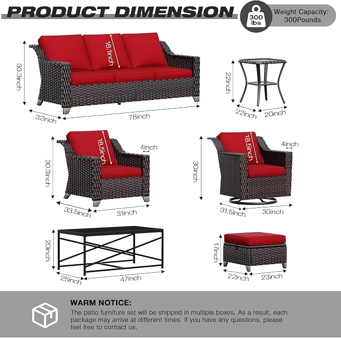 Joyside Wicker Patio Furniture Sets, 7 Pieces Upgraded Large Size Outdoor Furniture with Swivel Rocking Patio Chairs, 3-Seat Sofa, Outdoor Ottoman and Coffee Table, Thick Cushions, Wide Armrest