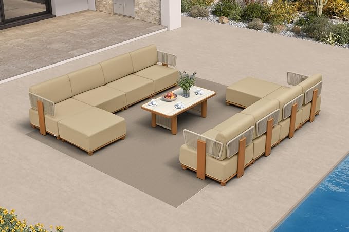 PURPLE LEAF Patio Furniture Set Modular L-Shaped Outdoor Sectional Sofa with 11" Thick Olefin Cushion 11-Piece Outdoor Conversation Set with Ottomans & Table for Backyard Garden Poolside, Beige