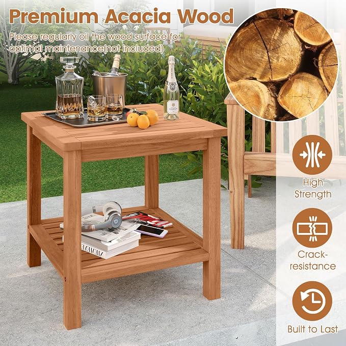 Tangkula Outdoor Side Table, 2-Tier Acacia Wood Square End Table with Slatted Tabletop & Storage Shelf, Indoor Outdoor Wooden Accent Bistro Patio Table for Backyard, Poolside, Garden, Natural (2)