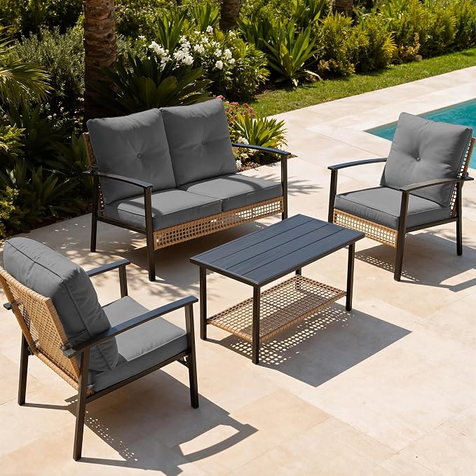 Deersky 4 Piece Outerdoor Patio Furniture Set, All-Weather Modern PE Wicker Rattan Conversation Set with 4" Cushions for Comfortable, Easy to Assemble, Dark Grey