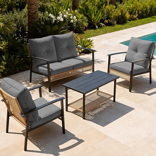 Deersky 4 Piece Outerdoor Patio Furniture Set, All-Weather Modern PE Wicker Rattan Conversation Set with 4" Cushions for Comfortable, Easy to Assemble, Dark Grey