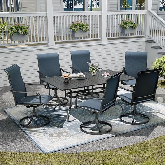 7-Piece Outdoor Dining Set with Umbrella Hole,63"x 38" Patio Table and Swivel Chairs Set for 6,Modern Garden Dining Set for Poolside Seaside Backyard