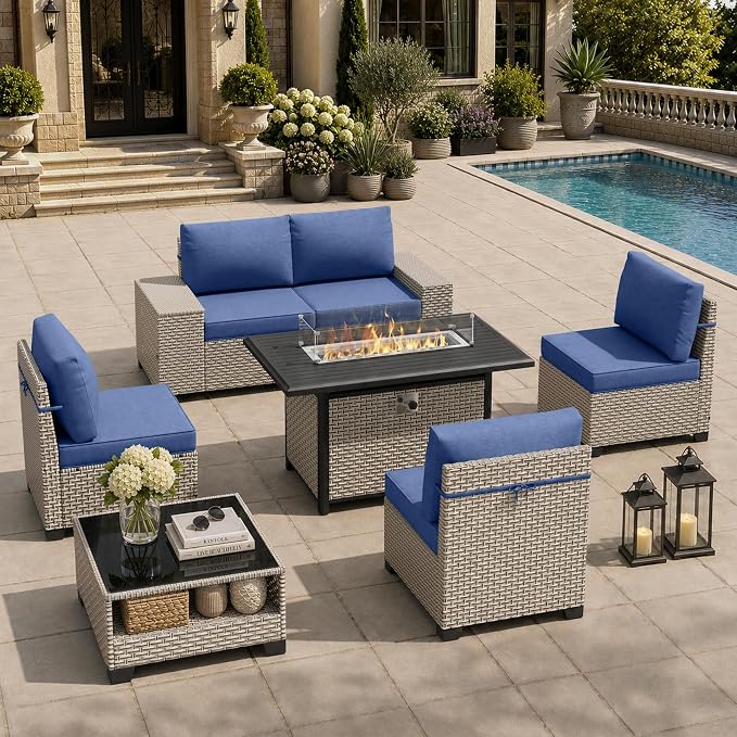 7-Piece Outdoor Patio Furniture Set with Fire Pit, Modular Sectional Sofa Set with Glass Coffee Table and Cushions, Wicker Outdoor Couch Conversation Sets, Blue
