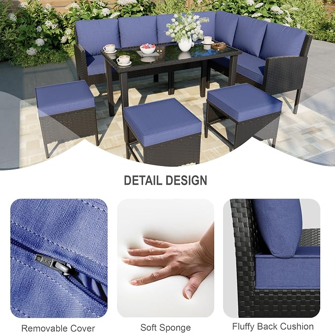 7 Pieces Outdoor Dining Set, Wicker Conversation Patio Furniture with Glass Table, L-Shaped PE Rattan Sectional Sofa Seating with Ottomans for Outside, Backyard, Balcony, Garden, Blue Cushions