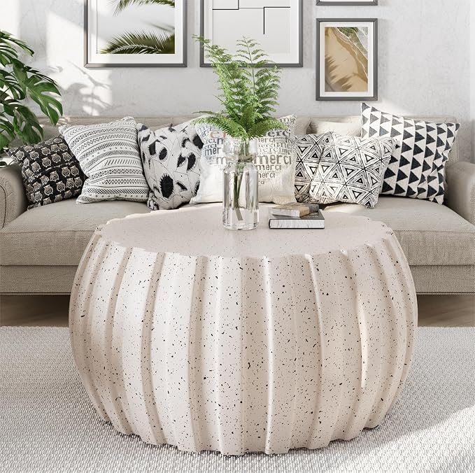 35.43" Faux Stone Coffee Table Round for Indoor or Outdoor Concrete Coffee Tables MgO Cement Center Tables for Living Room, Patio, Garden, Backyard, Balcony, Waterproof, White Drum