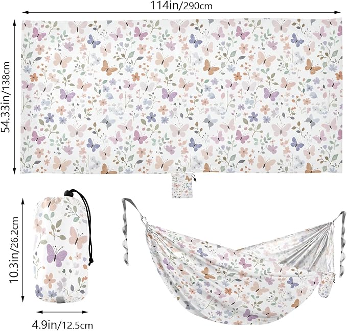 Camping Hammock Outdoor Hammocks for Outside Butterflies Flowers Pastel Beach Trees Portable Lightweight with Pockets Tree Straps Indoor