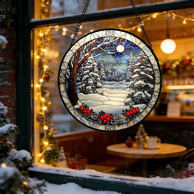 DASTOLL Stained Glass Window Hanging Christmas Tree Winter Snow Night Scenery Large 14.9" - Suncatcher Door Garden Kitchen Sun Catcher Home Decor Birthday for Mom Men Woman Friend