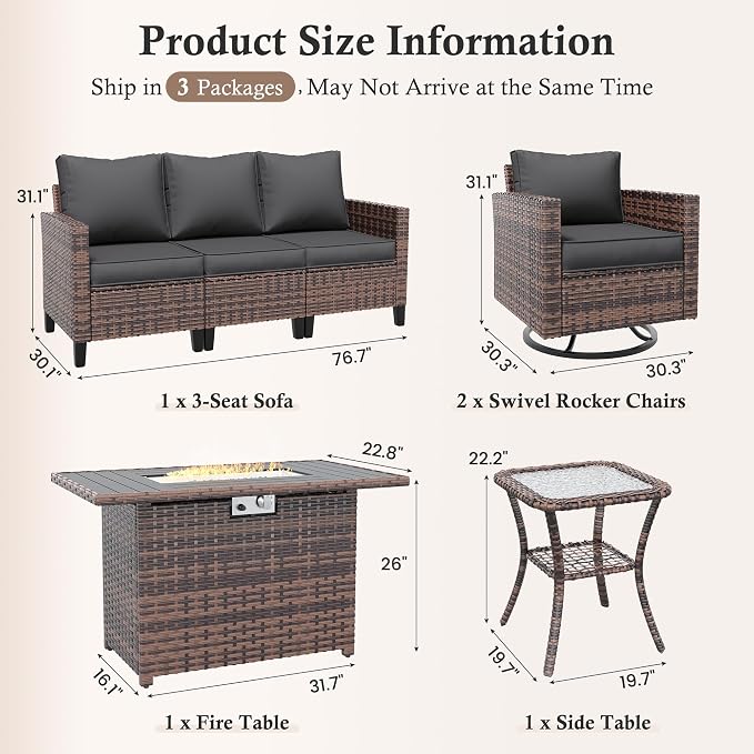 Amopatio Patio Furniture Set with Fire Pit Table, Wicker Outdoor Sectional Sofa with Swivel Rocker Chairs, All-Weather Rattan Conversation Set, Waterproof Cover for Backyard, Deck Brown/Grey 5 PCS