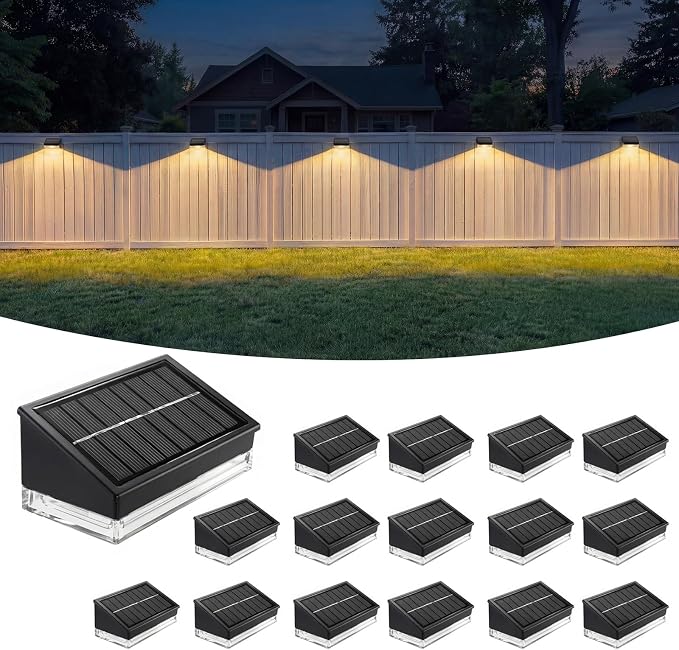 NIORSUN Solar Fence Lights 16 Pack, Outdoor Solar Lights with 3 Color Temperatures, IP65 Waterproof Wide-Angle LED Lighting for Fence, Patio, Yard, Deck, Wall, Garden (Black)