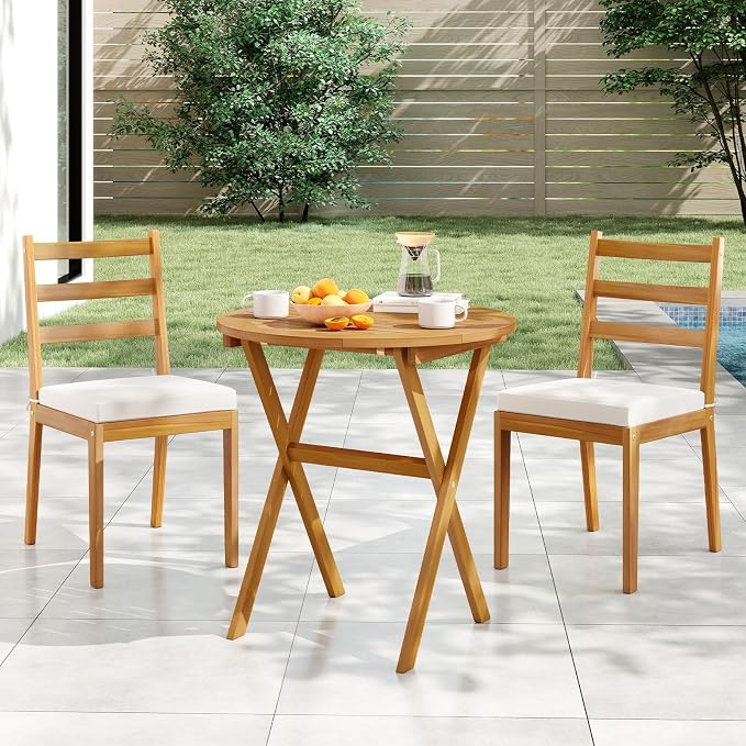 HAPPYGRILL Folding Acacia Wood Patio Table, Round Outdoor Bistro Table 26”, Outside Wooden Coffee Side Table for Porch Balcony Garden and Backyard (2)