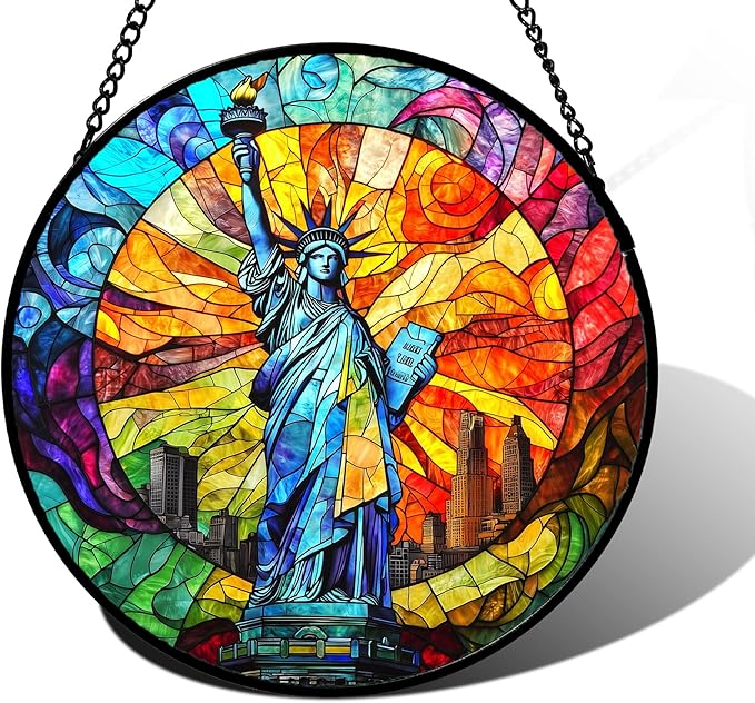 DASTOLL Stained Glass Window Hanging, Statue of Liberty Sun Catchers Diamond Glass Panel Hangings Suncatcher Decor for Birthday for Women, Men, Wife, Aunt, and Mom 9.8x9.8 in