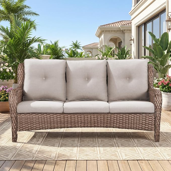 Belord Patio Sofa Luxury PE Wicker 3-Seater Outdoor Couch, Modern All-Weather High Back Deep Seat Woven Furniture Set for Porch, Deck, Balcony, Backyard - Yellow
