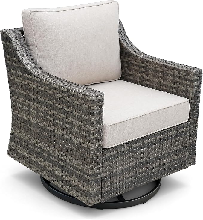 Luxury Outdoor Swivel Rocking Chair, Easy Assembly Patio Rocker for Porch Deck Balcony Yard Poolside in Gray Wicker and Beige Cushion