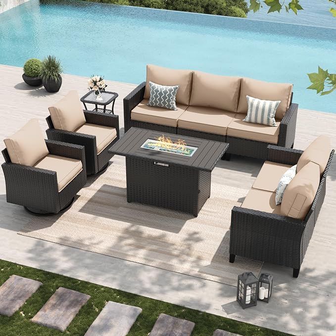 Amopatio Patio Furniture Set with Fire Pit Table, Wicker Outdoor Sectional Sofa with Swivel Rocker Chairs, All-Weather Rattan Conversation Set, Waterproof Cover for Backyard, Deck Black/Khak 6 PCS