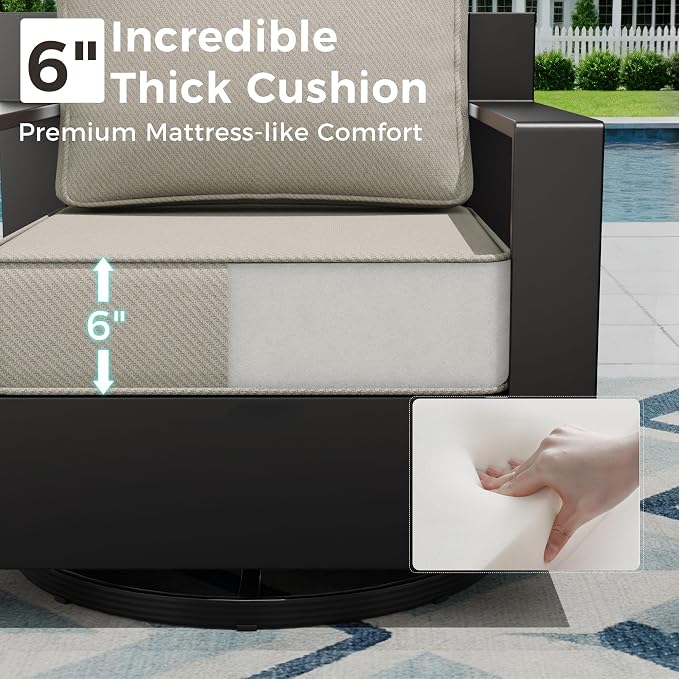 Outdoor Patio Furniture Set, 6-Piece Aluminum Patio Conversation Set All-Weather Metal Outdoor Sectional with 6 Inch Thick Cushions, Deep Setting for Garden, Outside and Porch, Beige