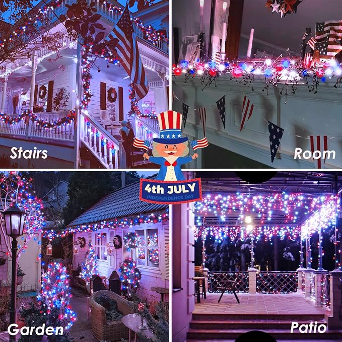 200 LED Connectable String Lights, 66FT American Flag Lights Outdoor Indoor | Red Blue and White, 13 Modes, Timer, Clear Wire Waterproof Twinkle Fairy Lights Plug in for 4th of July, Memorial Day Decor