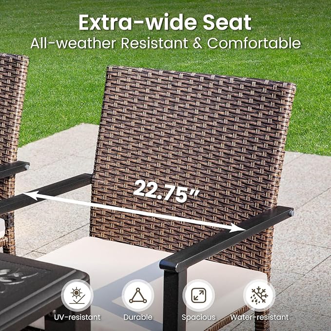 PHI VILLA 9 Pieces Square Outdoor Dining Table Set for 8, 57” Large Metal Steel Dining Table & Rattan Wicker Chairs with Cushions, Dining Furniture Set for Patio, Deck, Yard, Porch