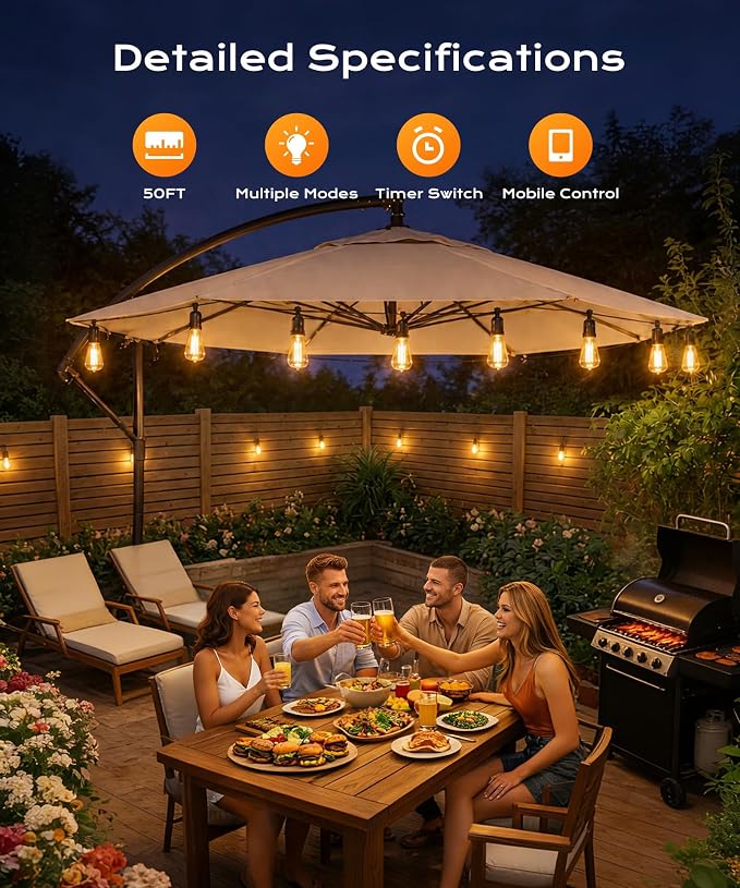 Outdoor String Lights, 50 FT Patio Lights for Outside | Smart App & Remote Control with Timer, Dimmable with 4 Scene Modes, Warm White Waterproof LED Bulbs for Garden, Yard Decor