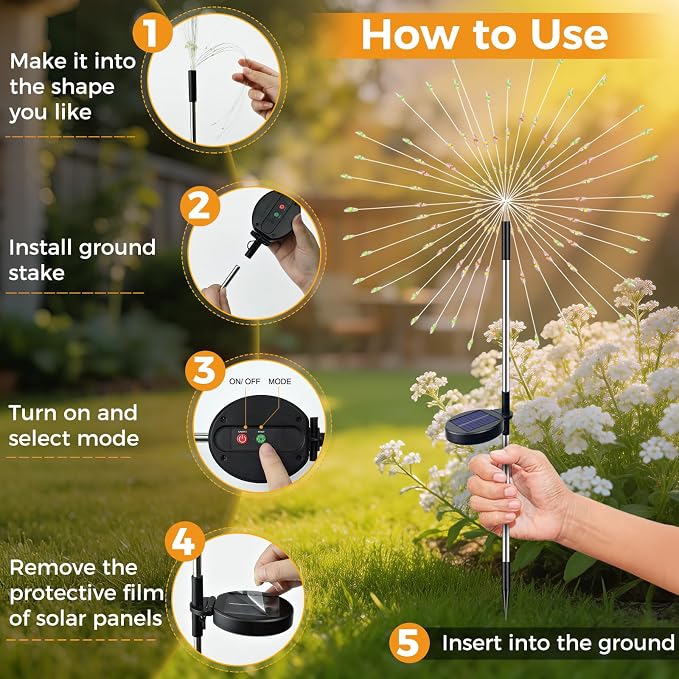btfarm 3 Pack Solar Garden Lights Outdoor, 8 Modes Firework Lights Outside | 120LED, Waterproof Fairy Twinkle Light Solar Powered for Yard Christmas Pathway Lawn Pool Patio Decorative, Warm White