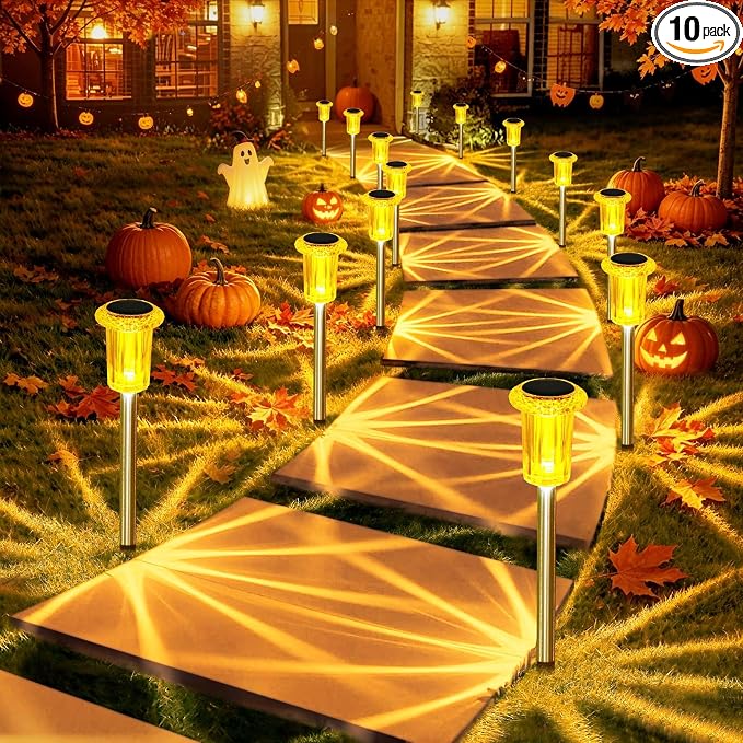 DenicMic Solar Halloween Lights Outdoor 10 Pack Fall Decorations for Home | Stake Lights for Yard Pathway Garden Walkway Driveway Patio Lawn, Auto On/Off Orange LED Autumn/Halloween Decor Waterproof