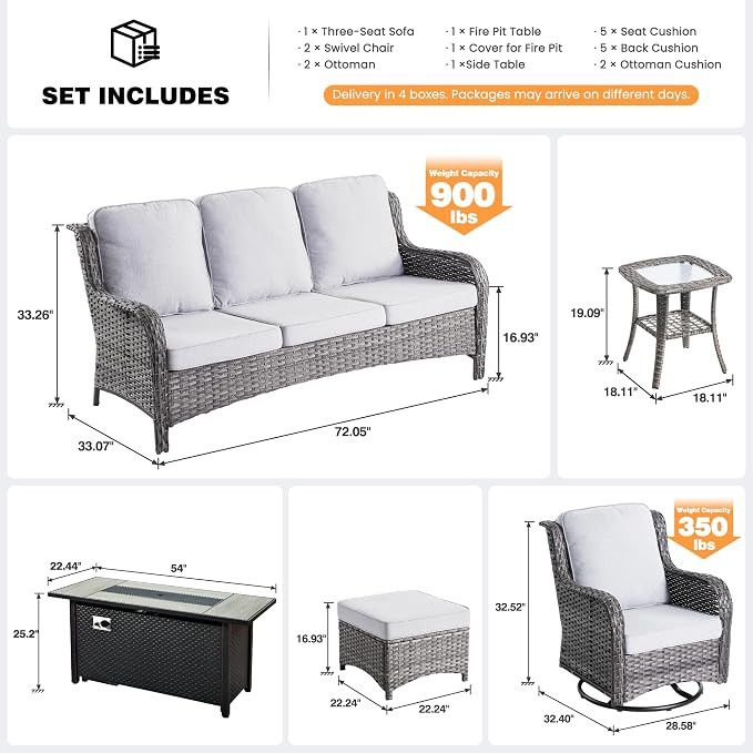 ovios 7-Piece Patio Furniture Set with Swivel Chairs Side Table, Outdoor Wicker Sofa with 54" Fire Pit Table, High Back Couch Modern Conversation Sets, Grey/Grey