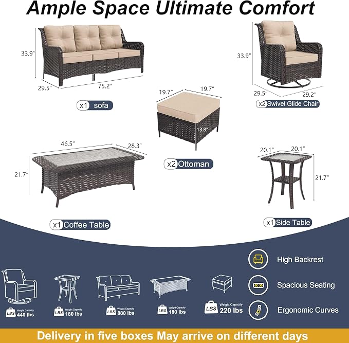 7-Piece Patio Furniture Set, Outdoor Thick Wicker Sectional Sofas with 2 Swivel Chairs, High Back Patio Sectional Couch, Outdoor Conversation Set for Backyard, Porch, Deck, Brown