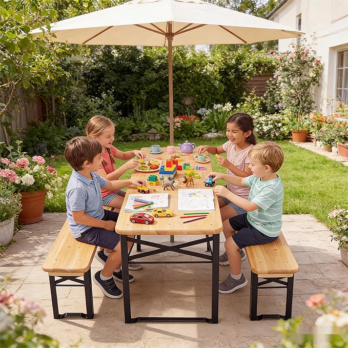 HONEY JOY Kids Picnic Table, 43.5 Inch Folding Toddler Outdoor Table & 2 Benches, Fir Wood Top & Metal Frame, No Assembly, Portable Easy to Store Camping Table and Chairs for Patio Backyard (Black)