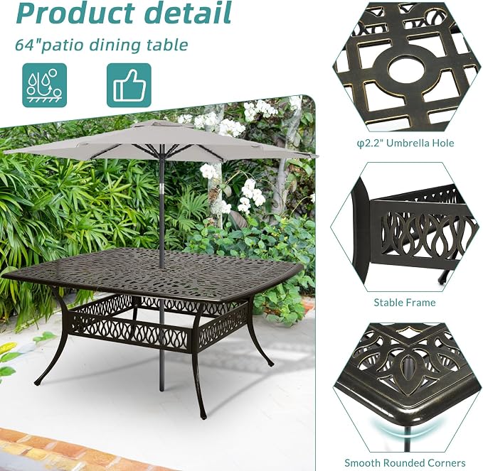 MEETWARM Outdoor 64" Square Patio Dining Table for 8, All Weather Cast Aluminum Large Patio Furniture Table Fits for 8-10 Person with 2.2" Umbrella Hole for Garden Backyard Lawn, Dark Bronze