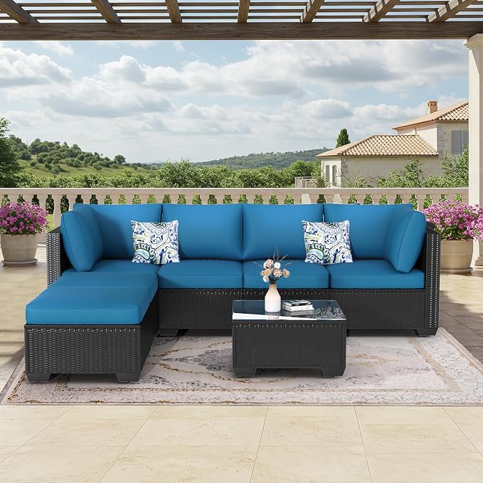 U-MAX 7 Piece Outdoor Patio Furniture Set, PE Rattan Outdoor Wicker Sectional Furniture Chair Set with Cushions and Tea Table, Black Rattan and Peacock Blue Cushion